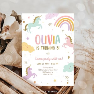 May include: A pink, purple, and blue unicorn birthday party invitation with a rainbow, clouds, and stars. The invitation says "Olivia is turning 8!" and includes the date, time, and location of the party.