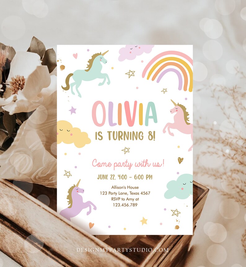 May include: A pink, purple, and blue unicorn birthday party invitation with a rainbow, clouds, and stars. The invitation says "Olivia is turning 8!" and includes the date, time, and location of the party.