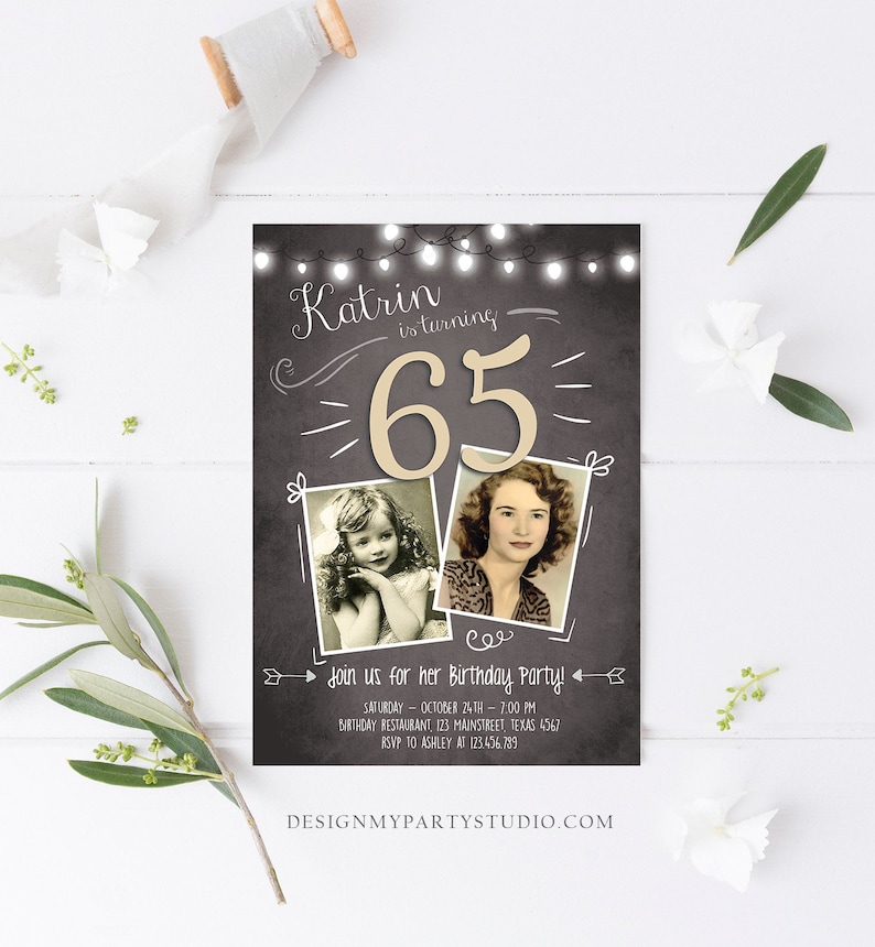 Editable 65th Birthday Invitation ANY AGE Chalkboard Rustic Adult Sixty Fifth Photo Vintage Sapphire Jubilee Anniversary Corjl Template 0230 image 2