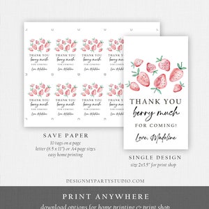 Peut inclure: &Eacute;tiquettes blanches imprimables avec des fraises &agrave; l'aquarelle et le texte &laquo; THANK YOU berry much FOR COMING! Love, Madeline &raquo;. Disponibles en un seul motif ou en une feuille de 10 &eacute;tiquettes. Le motif mesure 5,08 x 8,89 cm.