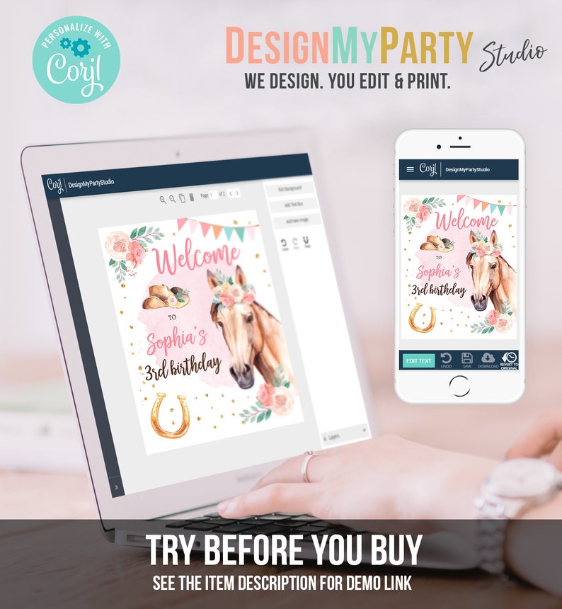 May include: A pink and gold welcome sign with a horse and a horseshoe. The sign says "Welcome to Sophia's 3rd birthday".