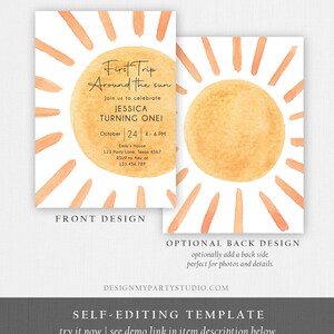 Peut inclure: Mod&egrave;le d'invitation de premier anniversaire &eacute;ditable avec un soleil aquarelle aux rayons orange. Le texte indique "Premier voyage autour du soleil" et comprend des d&eacute;tails pour une f&ecirc;te d'anniversaire.
