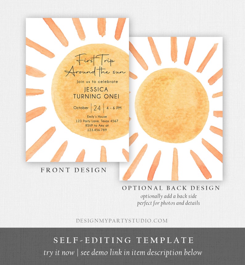 Peut inclure: Mod&egrave;le d'invitation de premier anniversaire &eacute;ditable avec un soleil aquarelle aux rayons orange. Le texte indique "Premier voyage autour du soleil" et comprend des d&eacute;tails pour une f&ecirc;te d'anniversaire.
