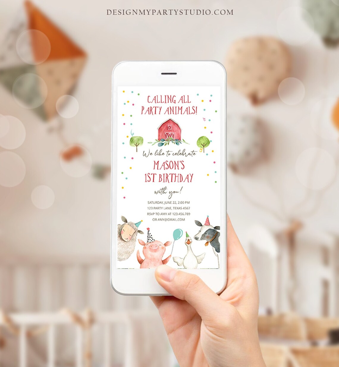 Editable Farm Birthday Evite Boy Farm Animals Red Barn Barnyard All ...