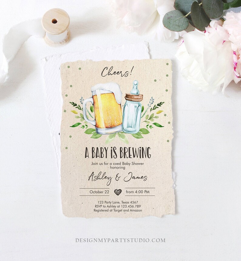 Editable A Baby is Brewing Invitation Bottle and Beers Baby Shower Cheers Coed Couples Shower Download Printable Template Corjl 0190 image 2