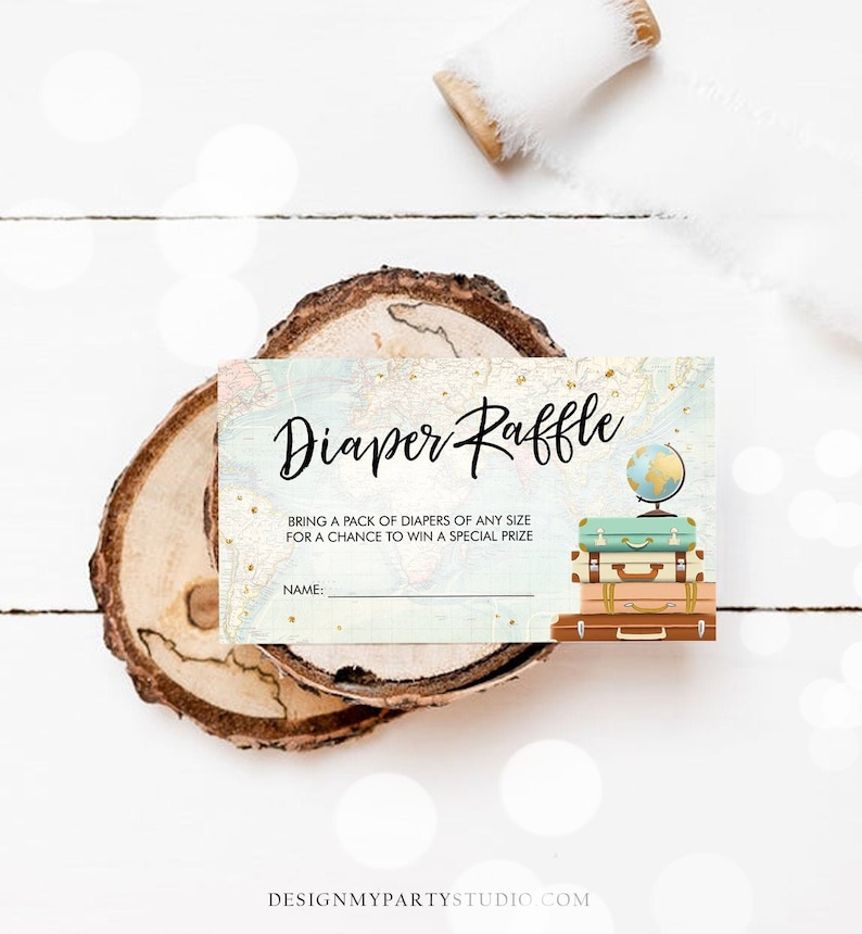 Editable Travel Diaper Raffle Ticket Baby Shower Diaper Game Journey Travel Adventure Begins Suitcases Globe Corjl Template Printable 0263 