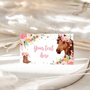 Editable Horse Birthday Food Tent Cards Horse Labels Cowgirl Party Place Cards Girl Pink Floral Pony Saddle Up Printable Template Corjl 0408 image 2