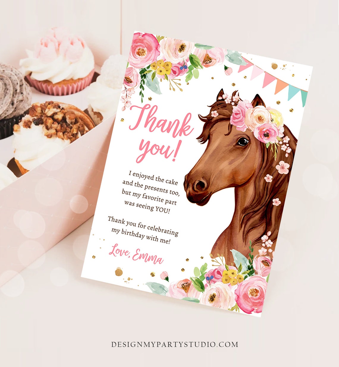 Editable Horse Thank You Card Note Girl Birthday Party Cowgirl ...