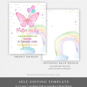 K&ouml;nnte beinhalten: Eine druckbare Einladung zu einer ersten Geburtstagsfeier mit Regenbogen- und Schmetterlings-Motiv. Der Text lautet "Flutter on by for some birthday fun Olivia is turning one!" mit Details zu Datum, Uhrzeit, Ort und RSVP-Informationen f&uuml;r die Party.