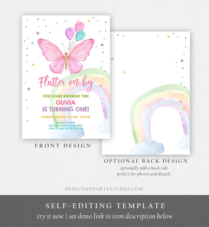 K&ouml;nnte beinhalten: Eine druckbare Einladung zu einer ersten Geburtstagsfeier mit Regenbogen- und Schmetterlings-Motiv. Der Text lautet "Flutter on by for some birthday fun Olivia is turning one!" mit Details zu Datum, Uhrzeit, Ort und RSVP-Informationen f&uuml;r die Party.