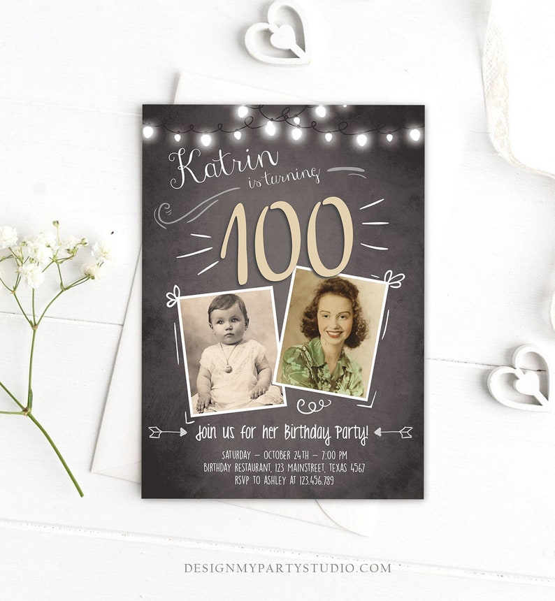 Editable 100th Birthday Invitation ANY AGE Chalkboard Rustic Etsy