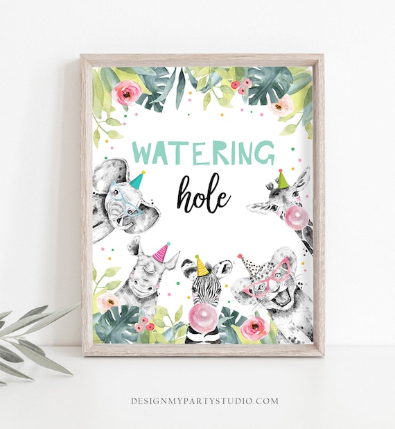 Watering Hole Birthday Sign Drink Table Decor Safari Birthday Wild One Animals Girl Party Animals Table Sign Zoo Party Jungle PRINTABLE 0322 Il_570xn