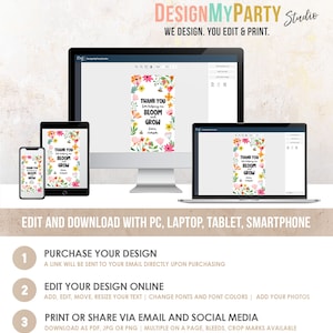 May include: A digital mockup of a printable thank you card with a floral design and the text "Thank you for helping me bloom and grow". The card is shown on a computer screen, tablet, and smartphone.