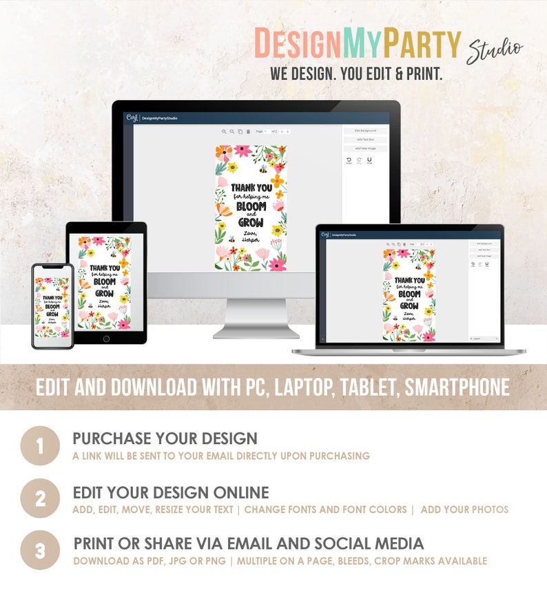 May include: A digital mockup of a printable thank you card with a floral design and the text "Thank you for helping me bloom and grow". The card is shown on a computer screen, tablet, and smartphone.