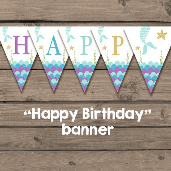 Mermaid Birthday Banner Happy Birthday Mermaid Party Flag Bunting Happy birthday Purple Gold Turquoise download PRINTABLE DIGITAL DIY 0021 Il_570xn