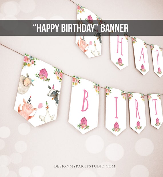 Happy Birthday Banner Pink Farm Birthday Banner Farm Animals Girl ...