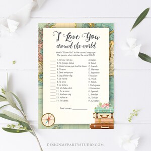 Editable I Love You Around the World Bridal Shower Game Travel Wedding Shower Activity Vintage Map Suitcases Corjl Template Printable 0044 image 2