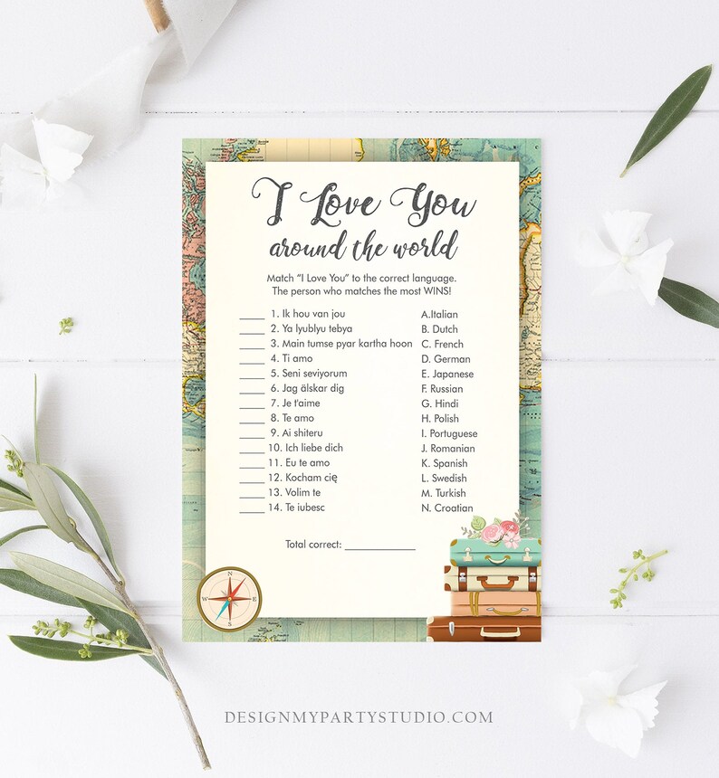 Editable I Love You Around the World Bridal Shower Game Travel Wedding Shower Activity Vintage Map Suitcases Corjl Template Printable 0044 image 2