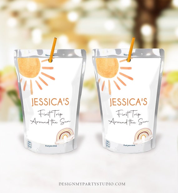 Editable Sunshine Capri Sun Labels Juice Pouch Labels Watercolor Birthday Party First Trip Around the Sun Corjl Template Printable 0431 Il_570xn