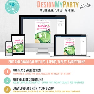 May include: A digital golf-themed birthday party invitation template. The design shows a golf course illustration with the text "Madison's Birthday" and "Hole-in-One." The image is displayed on a computer, tablet, and smartphone, showcasing the design's versatility.