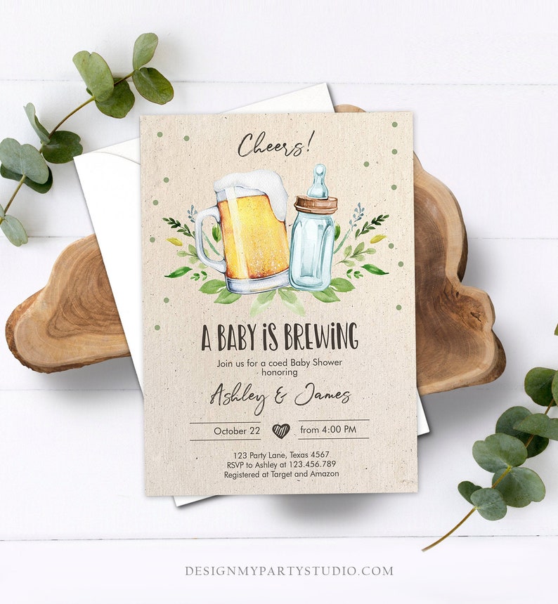 Editable A Baby is Brewing Invitation Bottle and Beers Baby Shower Cheers Coed Couples Shower Download Printable Template Corjl 0190 image 1