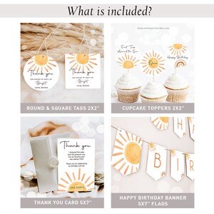 May include: A set of printable party decorations featuring a sun and rainbow theme. The set includes round and square tags, cupcake toppers, and a banner with flags that say "Happy Birthday".