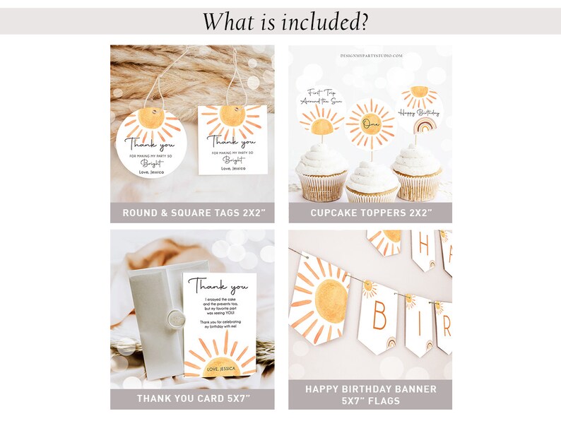 May include: A set of printable party decorations featuring a sun and rainbow theme. The set includes round and square tags, cupcake toppers, and a banner with flags that say "Happy Birthday".