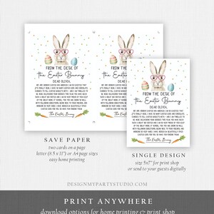 May include: Printable Easter card featuring a cartoon bunny wearing glasses and holding a basket of eggs. The card reads "From the desk of the Easter Bunny" and includes a personalised message for Olivia. The card is designed for easy home printing or can be sent digitally.