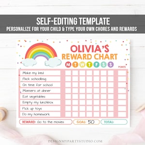 Editable Rainbow Cloud Reward Chart for Girls Chore Chart Kids Routine Chart Pink Rainbow Colors Confetti Digital Printable Corjl Template