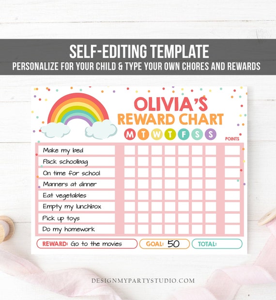 Editable Rainbow Cloud Reward Chart For Girls Chore Chart Kids Etsy