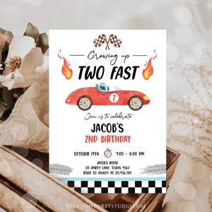 May include: A red and white race car birthday invitation with the text "Growing up TWO FAST" and "Jacob's 2nd Birthday". The invitation includes details for the party, including the date, time, location, and RSVP information.