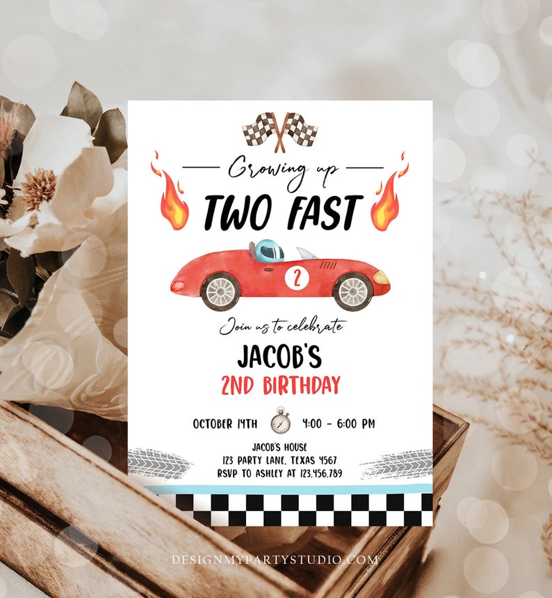 May include: A red and white race car birthday invitation with the text "Growing up TWO FAST" and "Jacob's 2nd Birthday". The invitation includes details for the party, including the date, time, location, and RSVP information.