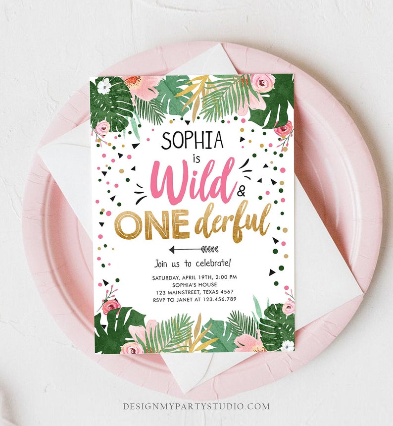 Editable Wild and Onederful Birthday Invitation Girl Wild One Safari Tropical Pink Gold Jungle First Birthday Corjl Template Printable 0332 image 1