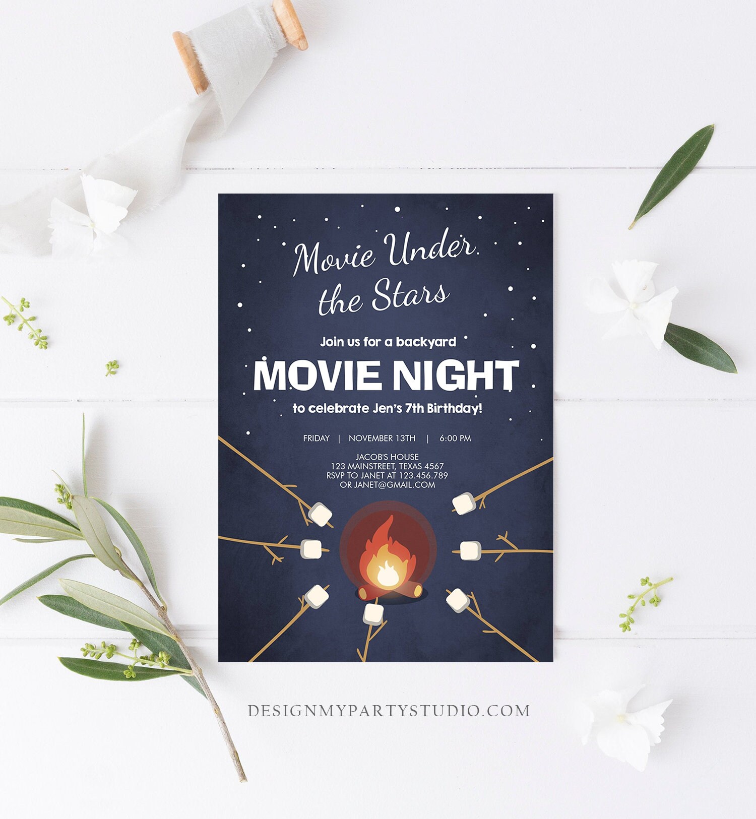 Editable Movie Night Birthday Invitation Under the Stars Bonfire ...