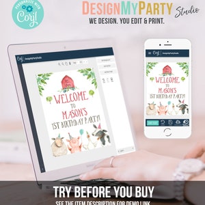 May include: A digital mockup of a printable welcome sign for a farm-themed first birthday party. The sign features a red barn, green foliage, and a white sheep, pink pig, and black and white cow. The text on the sign reads "Welcome to Mason's 1st Birthday Party!"