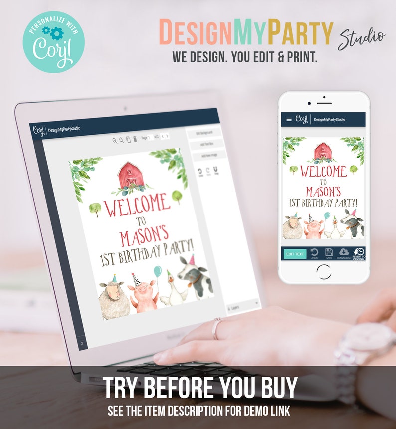 May include: A digital mockup of a printable welcome sign for a farm-themed first birthday party. The sign features a red barn, green foliage, and a white sheep, pink pig, and black and white cow. The text on the sign reads "Welcome to Mason's 1st Birthday Party!"
