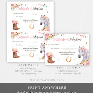 Adopt a Pony Adoption Certificate Horse Adoption Horse Birthday Party ...