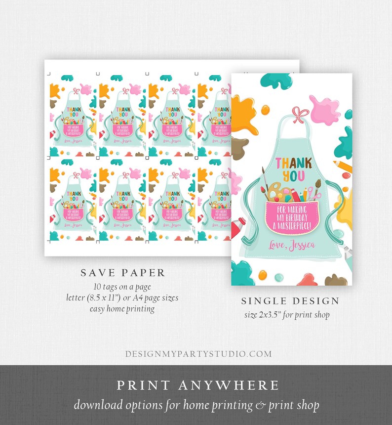 May include: Art-themed thank you cards featuring a light blue apron design, paint splatters, and the text "Thank You For Making My Birthday A Masterpiece!" Available in single and multi-card formats.