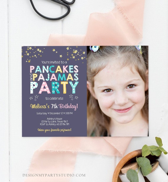 Editable Pancakes and Pajamas Birthday Invitation Movie Night Pancake Party Girl Pink Purple Green Stars Corjl Template Printable 0218 Il_570xn