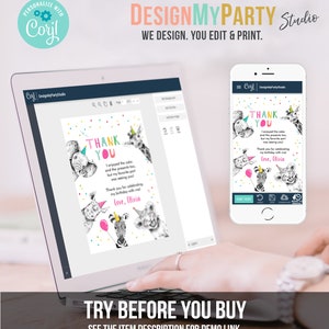 Puede incluir: Una pantalla de ordenador que muestra una plantilla de tarjeta de agradecimiento con un dise&ntilde;o colorido que presenta animales como una cebra, un elefante y una jirafa. El texto de la tarjeta dice "Gracias" e incluye un mensaje sobre disfrutar del pastel y los regalos. La tarjeta es personalizable con la opci&oacute;n de editar el texto y descargar el dise&ntilde;o.