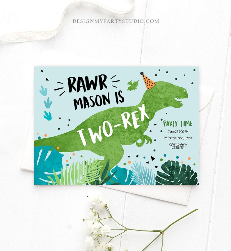 Editable TwoRex Dinosaur Birthday Invitation Dino TRex Second Birthday 2nd RAWR Boy Green Blue Prehistoric Printable Corjl