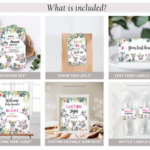 Op de afbeelding: Een set met printbare feestversiering voor een jungle-themafeest. De set bevat een uitnodiging, een welkomstbord, bedankkaartjes, tentvoedseletiketten en fleslabels. De ontwerpen bevatten schattige dierillustraties met roze, groene en witte accenten.