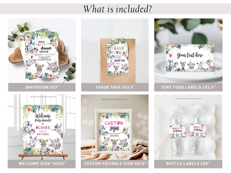 Op de afbeelding: Een set met printbare feestversiering voor een jungle-themafeest. De set bevat een uitnodiging, een welkomstbord, bedankkaartjes, tentvoedseletiketten en fleslabels. De ontwerpen bevatten schattige dierillustraties met roze, groene en witte accenten.