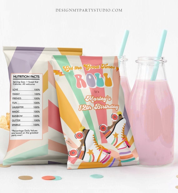 Editable Roller Skate Party Chip Bag Skating Party Decor Girl