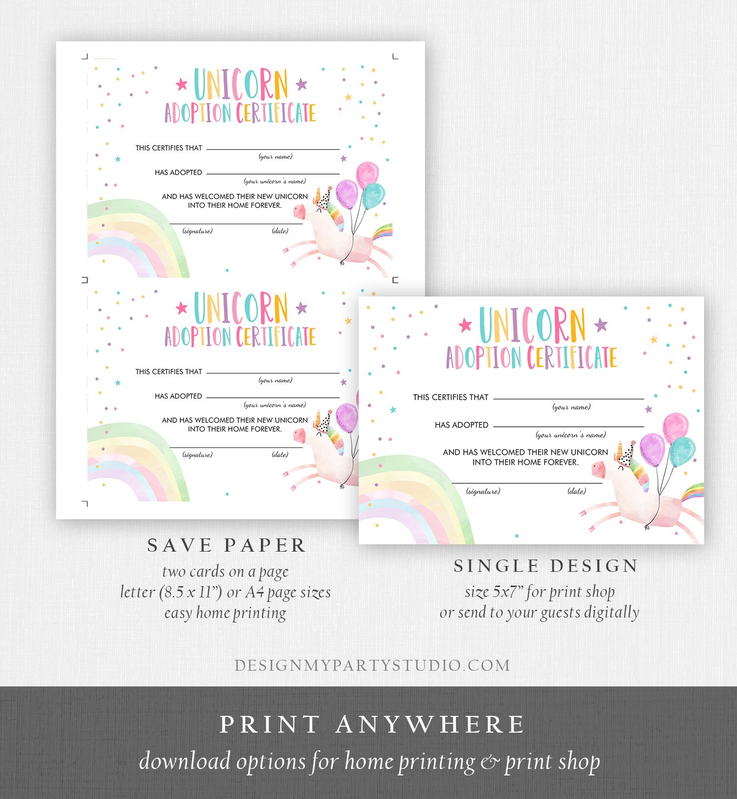 Adopt a Unicorn Certificate Unicorn Adoption Unicorn Birthday Party ...