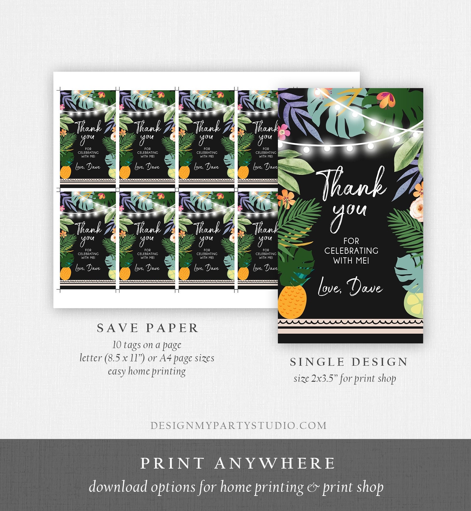 Editable Tropical Thank You Tag Adult Birthday Favor Tags | Etsy