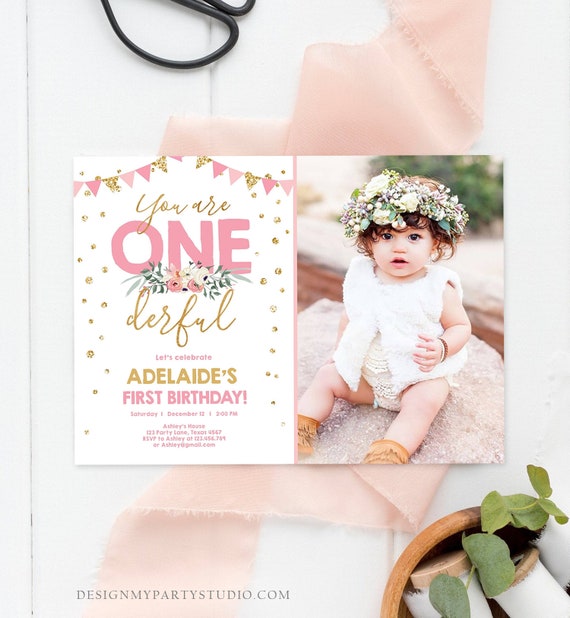 Editable Onederful Birthday Invitation Girl First Birthday Party Miss