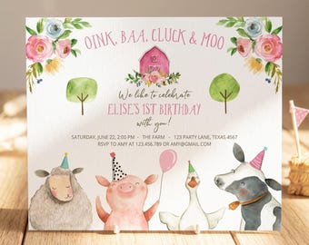 Invito di compleanno per bambina a tema animali della fattoria, festa a tema fattoria rosa, stampabile e modificabile 0155