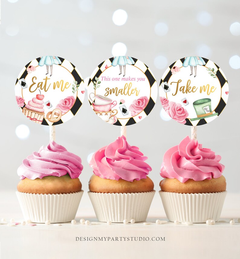 Alice in Wonderland Cupcake Toppers Onederland Favor Tags Etsy