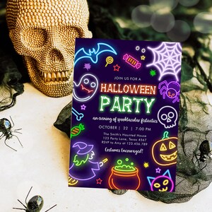 May include: A Halloween party invitation with neon-style illustrations of a ghost, bat, spiderweb, pumpkin, and witch on a dark purple background. The invitation includes the text "Halloween Party" and event details.
